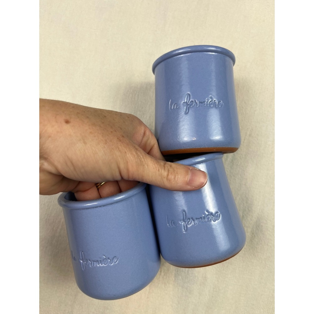 Set of 3 La Fermiere Periwinkle Blue Terracotta Yogurt Pots French Ceramic Jars